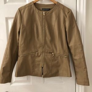 Suzy Shier faux leather jacket, camel brown with gold zippers, large